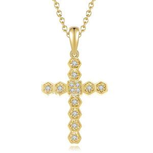 Real Diamond Hexagon Cross Pendant Yellow Gold